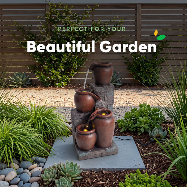 Stacked Terracotta Pots Solar Water Feature with Battery Backup