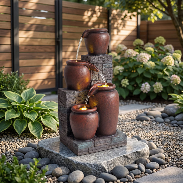 Stacked Terracotta Pots Solar Water Feature with Battery Backup