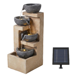 Stepped Tower Four Bowl Solar Water Feature with LED Lights and Battery Backup