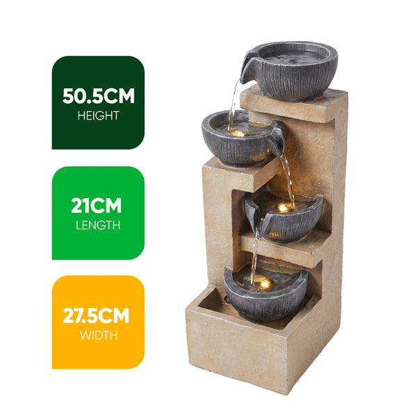 Stepped Tower Four Bowl Solar Water Feature with LED Lights and Battery Backup