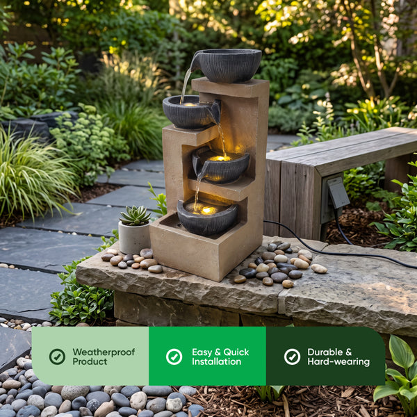 Stepped Tower Four Bowl Solar Water Feature with LED Lights and Battery Backup