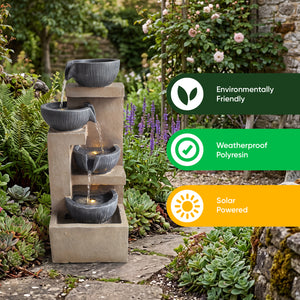 Stepped Tower Four Bowl Solar Water Feature with LED Lights and Battery Backup