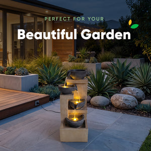 Stepped Tower Four Bowl Solar Water Feature with LED Lights and Battery Backup