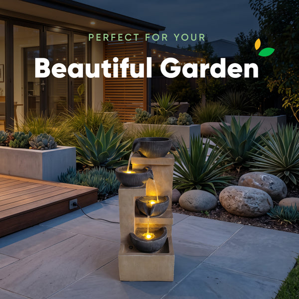Stepped Tower Four Bowl Solar Water Feature with LED Lights and Battery Backup