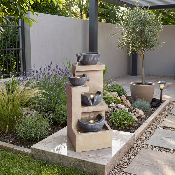 Stepped Tower Four Bowl Solar Water Feature with LED Lights and Battery Backup