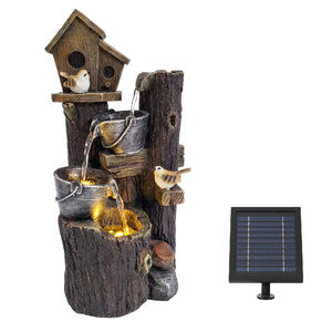Birdhouse & Buckets Solar Water Feature with LED Lights and Battery Backup