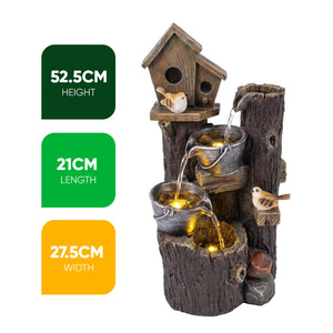 Birdhouse & Buckets Solar Water Feature with LED Lights and Battery Backup
