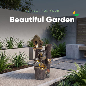 Birdhouse & Buckets Solar Water Feature with LED Lights and Battery Backup