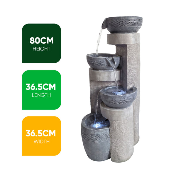 Pillar & Bowl Cascade Solar Water Feature with LED Lights and Battery Backup