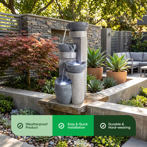 Pillar & Bowl Cascade Solar Water Feature with LED Lights and Battery Backup