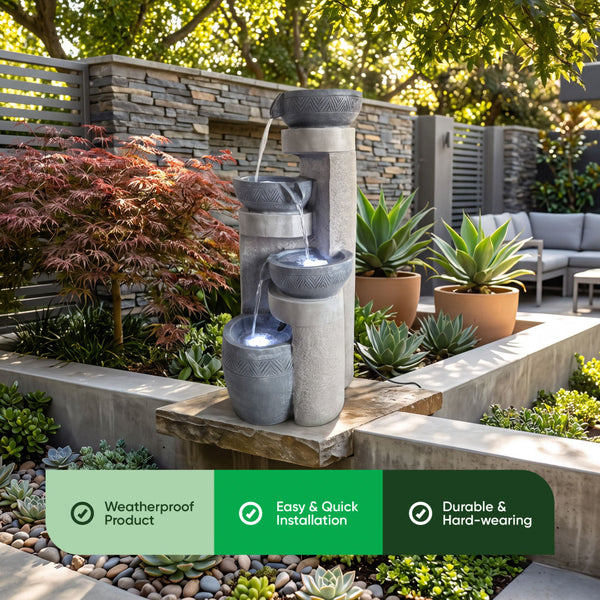 Pillar & Bowl Cascade Solar Water Feature with LED Lights and Battery Backup
