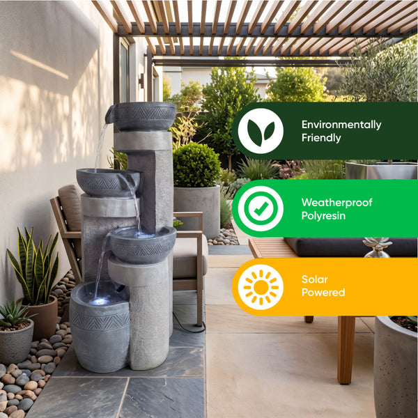 Pillar & Bowl Cascade Solar Water Feature with LED Lights and Battery Backup