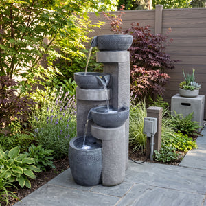 Pillar & Bowl Cascade Solar Water Feature with LED Lights and Battery Backup