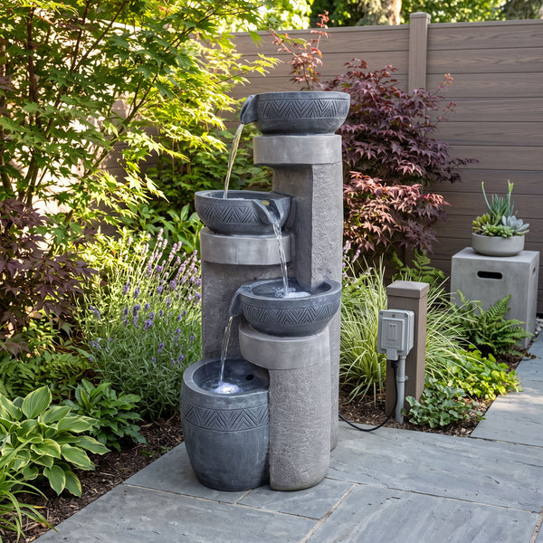 Pillar & Bowl Cascade Solar Water Feature with LED Lights and Battery Backup