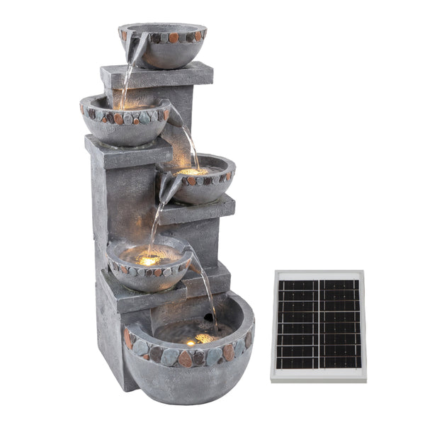 Five Bowl Tiered Cascade Solar Water Feature with LED Lights and Battery Backup