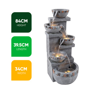 Five Bowl Tiered Cascade Solar Water Feature with LED Lights and Battery Backup