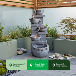 Five Bowl Tiered Cascade Solar Water Feature with LED Lights and Battery Backup
