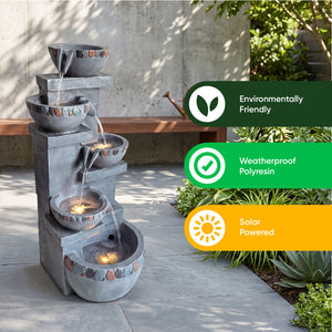 Five Bowl Tiered Cascade Solar Water Feature with LED Lights and Battery Backup