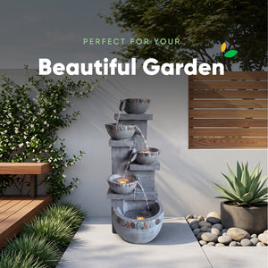 Five Bowl Tiered Cascade Solar Water Feature with LED Lights and Battery Backup