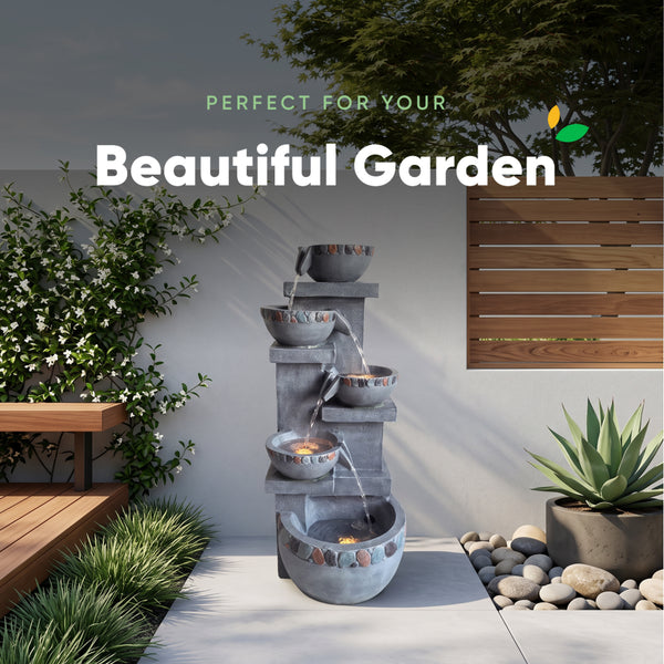Five Bowl Tiered Cascade Solar Water Feature with LED Lights and Battery Backup