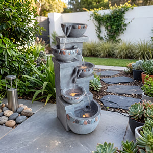 Five Bowl Tiered Cascade Solar Water Feature with LED Lights and Battery Backup