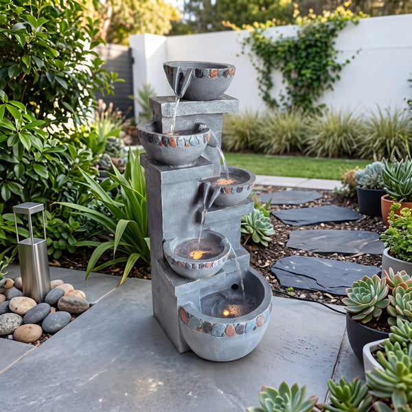 Five Bowl Tiered Cascade Solar Water Feature with LED Lights and Battery Backup