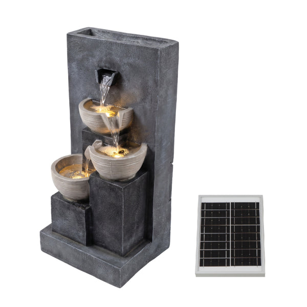 Three Bowl Wall Cascade Solar Water Feature with LED Lights and Battery Backup