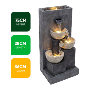 Three Bowl Wall Cascade Solar Water Feature with LED Lights and Battery Backup