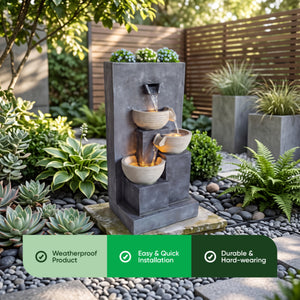Three Bowl Wall Cascade Solar Water Feature with LED Lights and Battery Backup