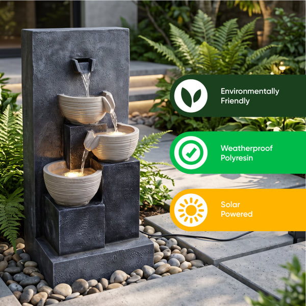 Three Bowl Wall Cascade Solar Water Feature with LED Lights and Battery Backup