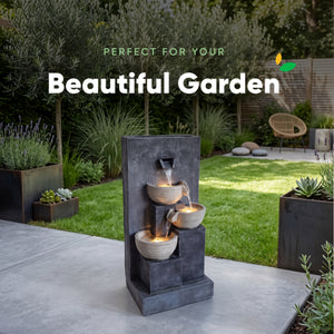 Three Bowl Wall Cascade Solar Water Feature with LED Lights and Battery Backup