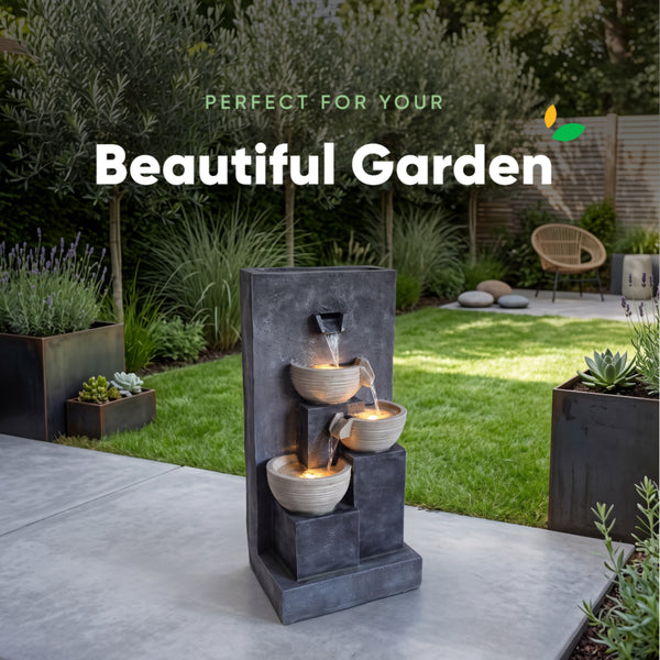 Three Bowl Wall Cascade Solar Water Feature with LED Lights and Battery Backup