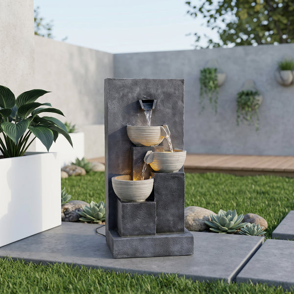 Three Bowl Wall Cascade Solar Water Feature with LED Lights and Battery Backup