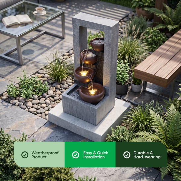 Arched Frame Bowl Cascade Solar Water Feature with LED Lights and Battery Backup