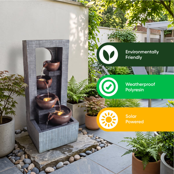 Arched Frame Bowl Cascade Solar Water Feature with LED Lights and Battery Backup