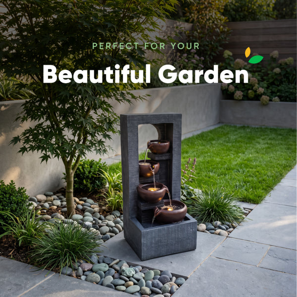 Arched Frame Bowl Cascade Solar Water Feature with LED Lights and Battery Backup