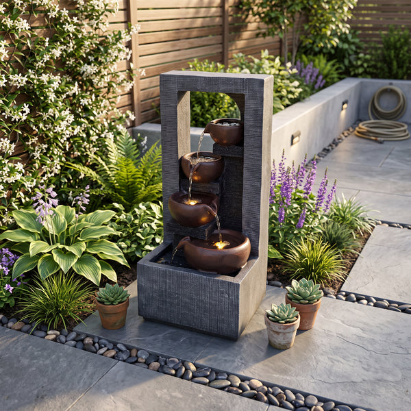 Arched Frame Bowl Cascade Solar Water Feature with LED Lights and Battery Backup
