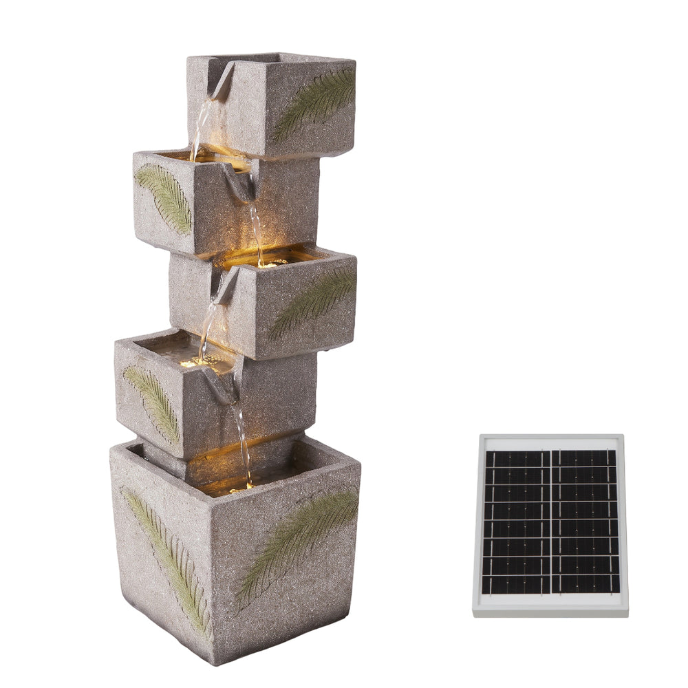 Stacked Cube Leaf Motif Solar Water Feature with LED Lights and Battery Backup