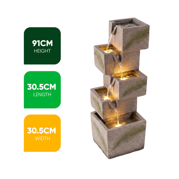 Stacked Cube Leaf Motif Solar Water Feature with LED Lights and Battery Backup