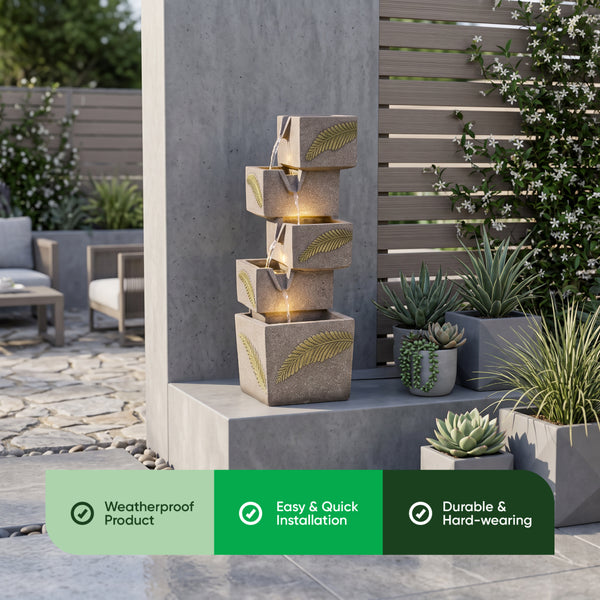 Stacked Cube Leaf Motif Solar Water Feature with LED Lights and Battery Backup