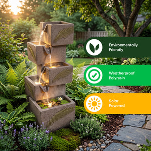 Stacked Cube Leaf Motif Solar Water Feature with LED Lights and Battery Backup
