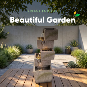 Stacked Cube Leaf Motif Solar Water Feature with LED Lights and Battery Backup