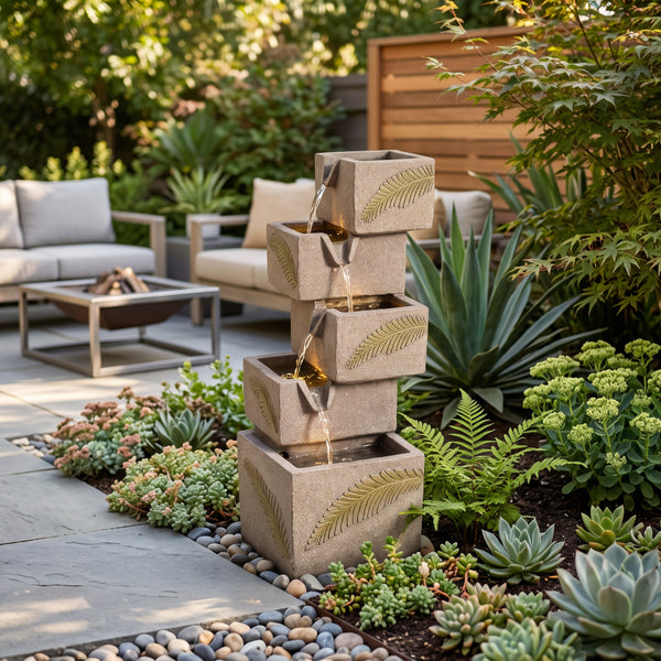 Stacked Cube Leaf Motif Solar Water Feature with LED Lights and Battery Backup
