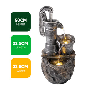 Rustic Pump and Pail Solar Water Feature with LED Lights and Battery Backup