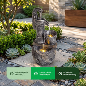 Rustic Pump and Pail Solar Water Feature with LED Lights and Battery Backup