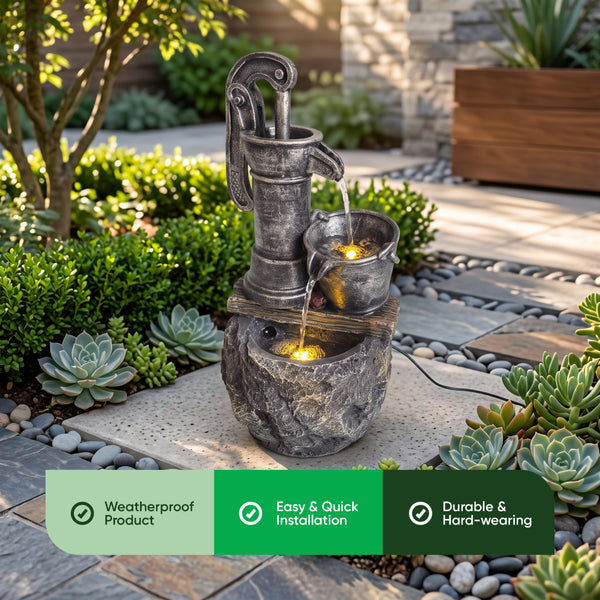 Rustic Pump and Pail Solar Water Feature with LED Lights and Battery Backup
