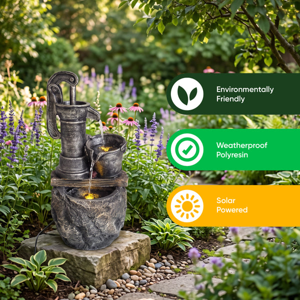 Rustic Pump and Pail Solar Water Feature with LED Lights and Battery Backup