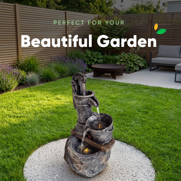 Rustic Pump and Pail Solar Water Feature with LED Lights and Battery Backup