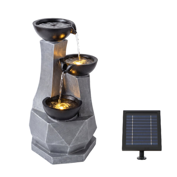 Faceted Column Three Bowl Solar Water Feature with LED Lights and Battery Backup