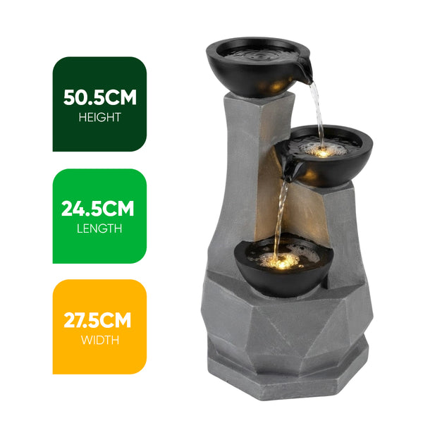 Faceted Column Three Bowl Solar Water Feature with LED Lights and Battery Backup